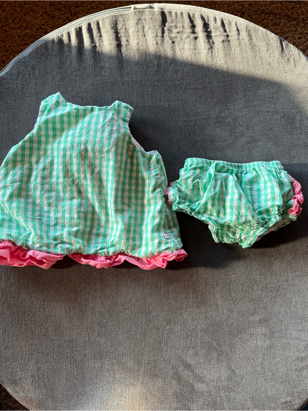 Ruffle Butts Green Gingham shirt & Bloomer Set with Pink Trim